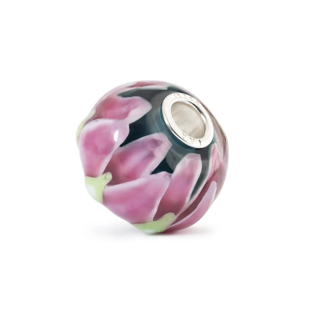 Bead Trollbeads Ninfea d'amore in vetro artistico rosa e verde con anima in argento 925.