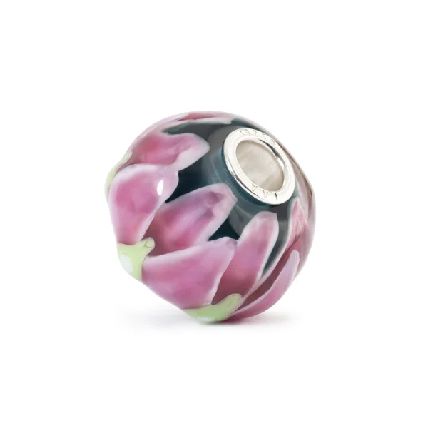 Bead Trollbeads Ninfea d'amore in vetro artistico rosa e verde con anima in argento 925.