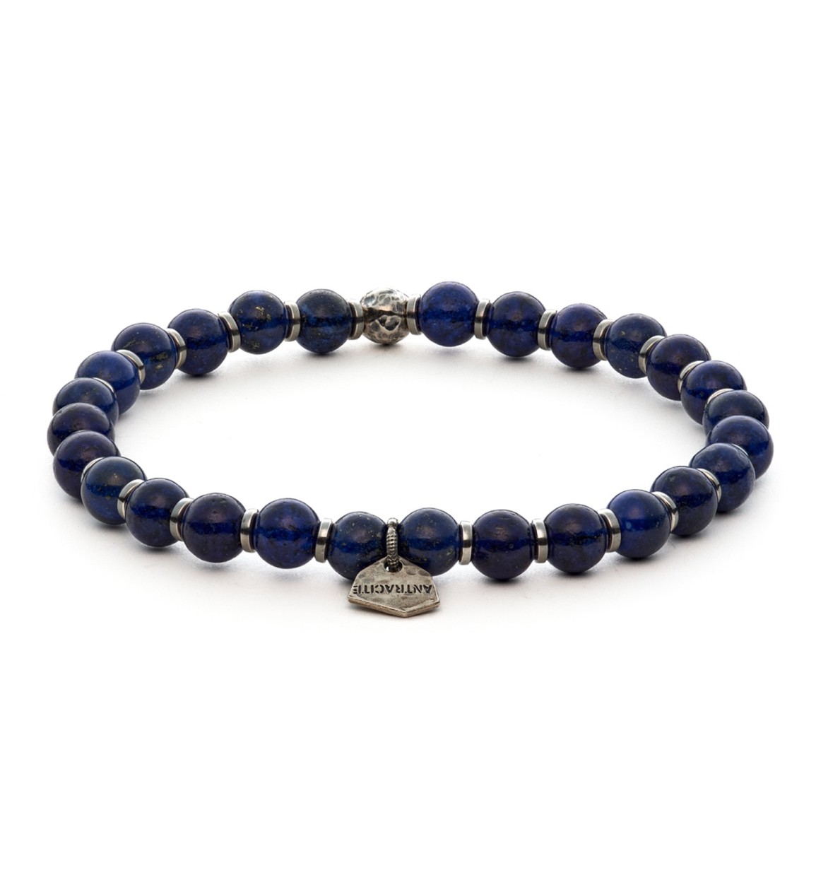 Bracciale Babilonia Antracite con pietre di lapislazzuli blu e charm in argento con logo.