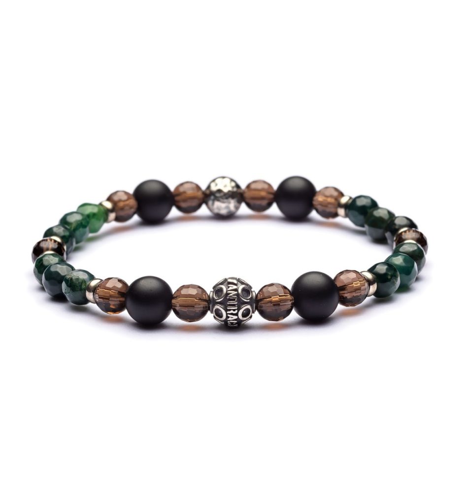Bracciale Bill Antracite con pietre sfaccettate in quarzo fumè, agata muschiata e sfere di agata nera.
