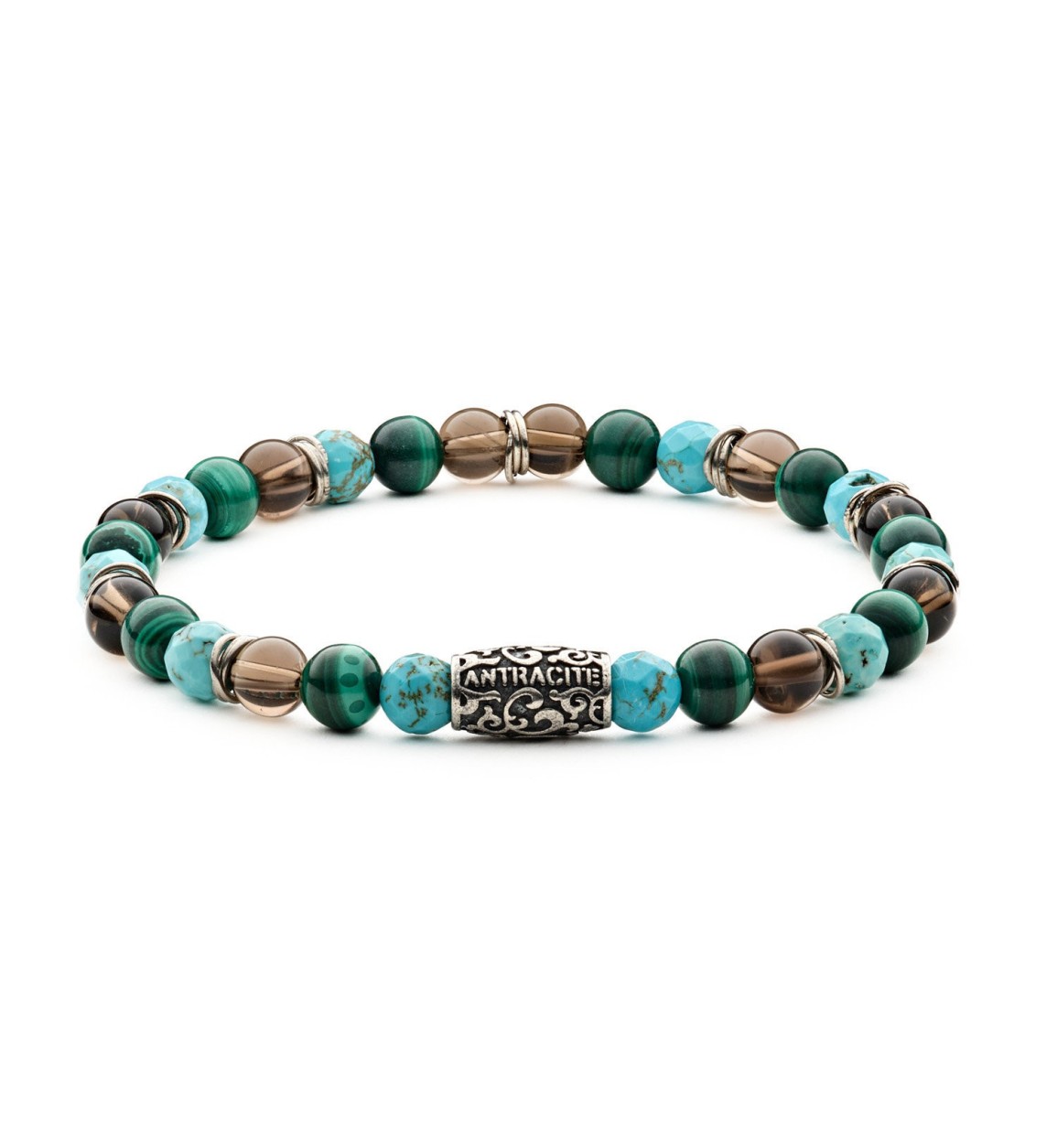 Bracciale Gimlet Antracite con pietre naturali di malachite, aulite turchese e quarzo fumè sfaccettato.