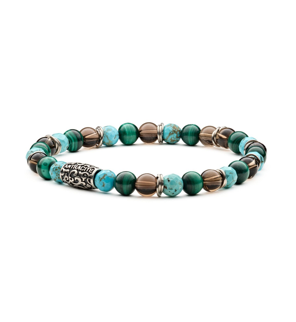 Bracciale Gimlet Antracite con pietre naturali di malachite, aulite turchese e quarzo fumè sfaccettato.