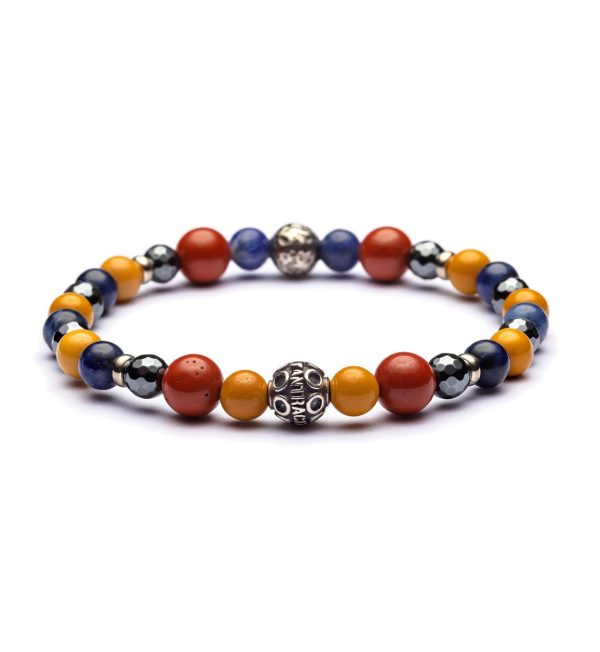Bracciale Guinea Antracite in argento con pietre Guinea con Ematite sfaccettata, Sodalite blu, Mokaite e Diaspro.