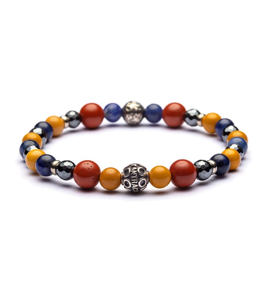 Bracciale Guinea Antracite in argento con pietre Guinea con Ematite sfaccettata, Sodalite blu, Mokaite e Diaspro.