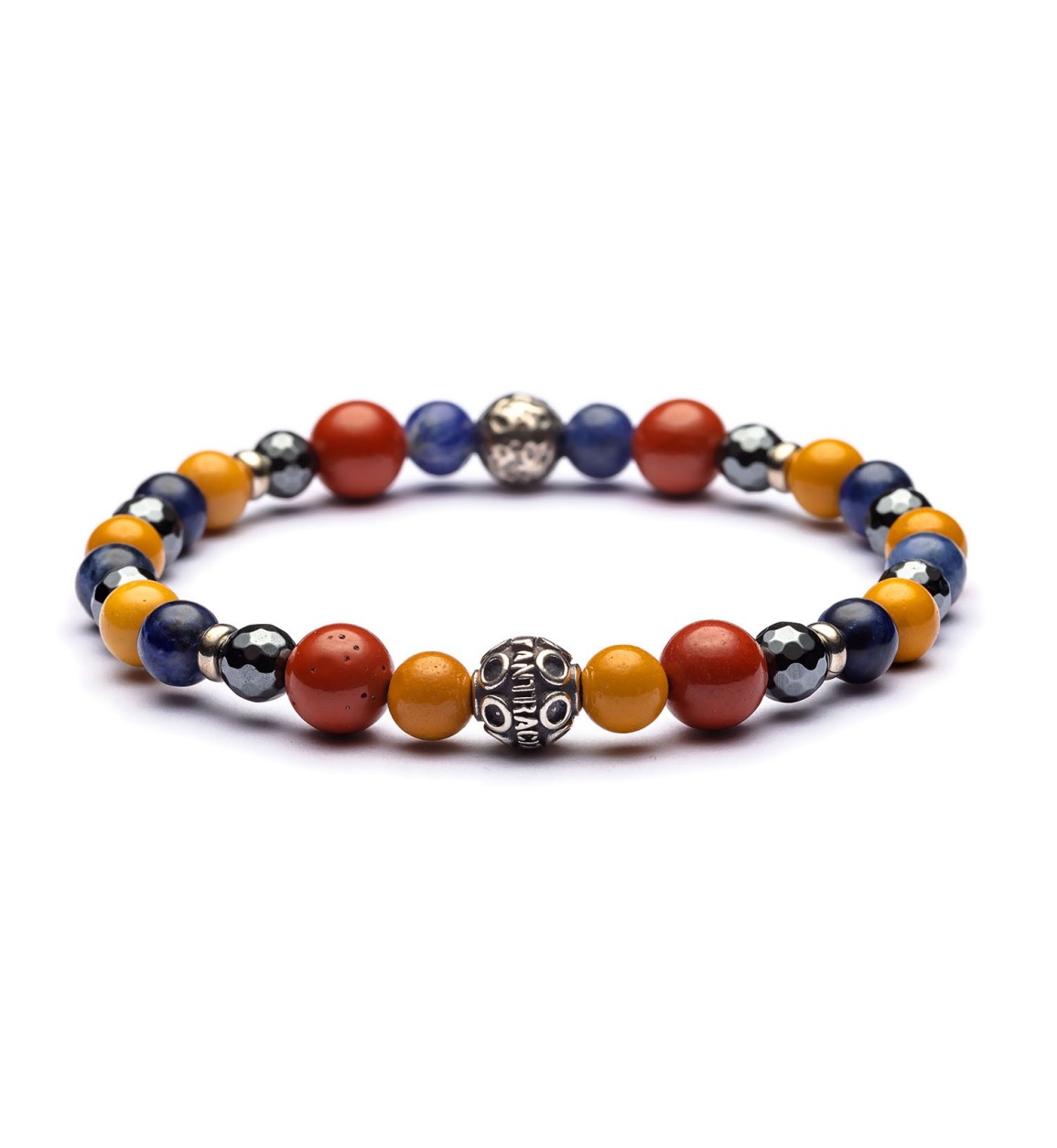 Bracciale Guinea Antracite in argento con pietre Guinea con Ematite sfaccettata, Sodalite blu, Mokaite e Diaspro.