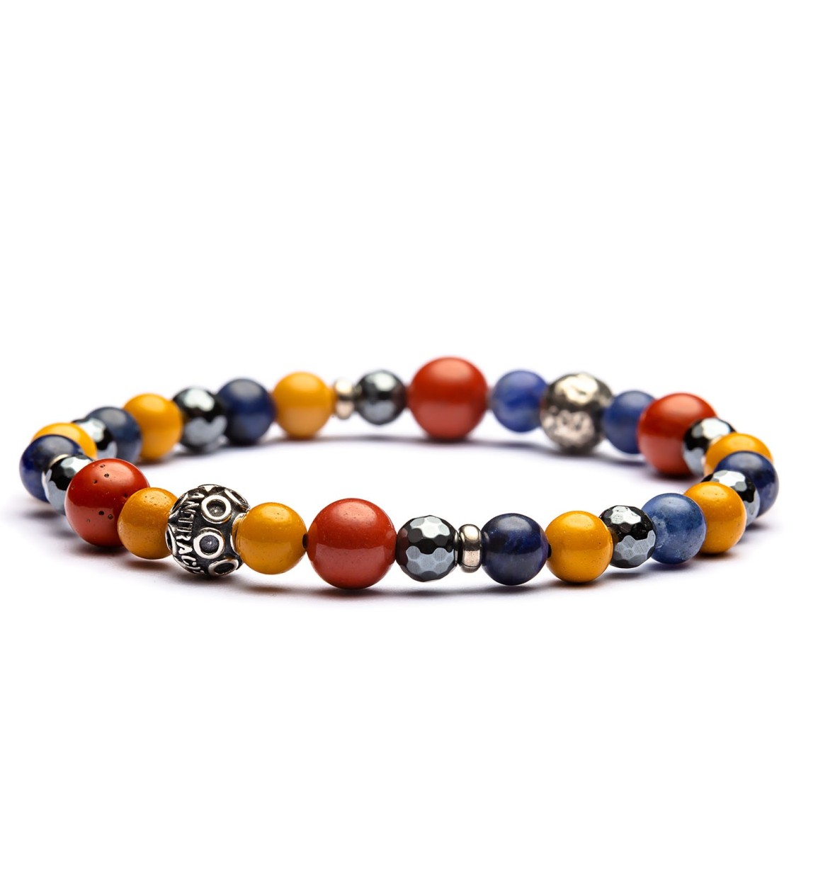 Bracciale Guinea Antracite in argento con pietre Guinea con Ematite sfaccettata, Sodalite blu, Mokaite e Diaspro.