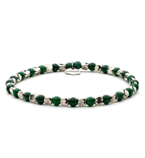 Bracciale Hoover elastico Antracite con pietre di agata verde e distanziatori in argento lavorato.
