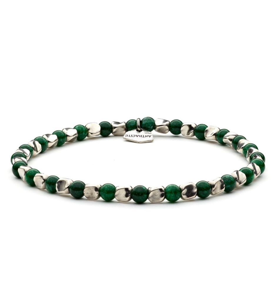 Bracciale Hoover elastico Antracite con pietre di agata verde e distanziatori in argento lavorato.