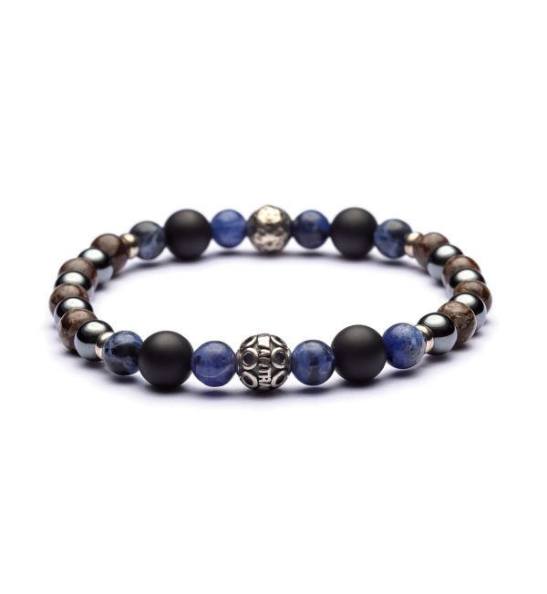 Bracciale Itaca Antracite elastico con sfere di Agata Nera opaca, Sodalite blu, Diaspro fango ed ematite.