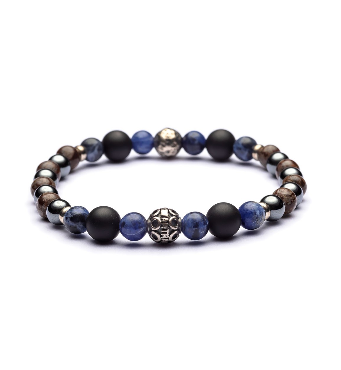 Bracciale Itaca Antracite elastico con sfere di Agata Nera opaca, Sodalite blu, Diaspro fango ed ematite.