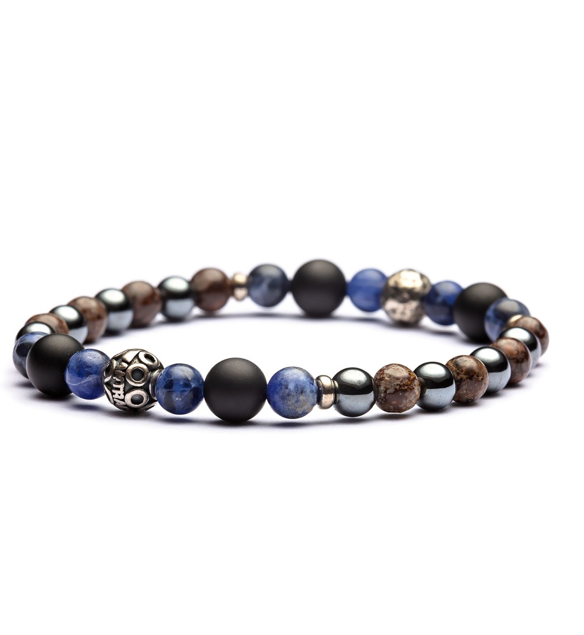 Bracciale Itaca Antracite elastico con sfere di Agata Nera opaca, Sodalite blu, Diaspro fango ed ematite.