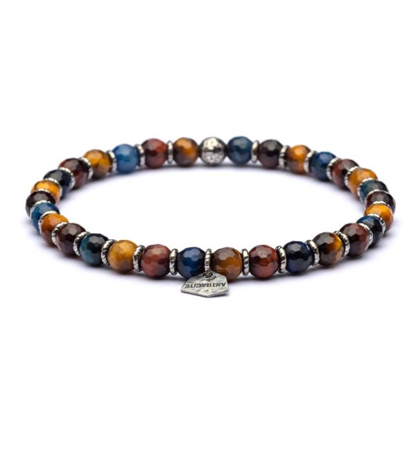 Bracciale Liberty Antracite con pietre sfaccettate di Occhio di Tigre in tre colori e ciondolo in argento.