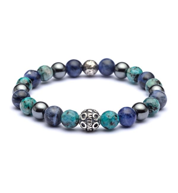 Bracciale Saturno Antracite con pietre naturali di Sodalite blu, Ematite lucida e Labradorite azzurra cangiante.