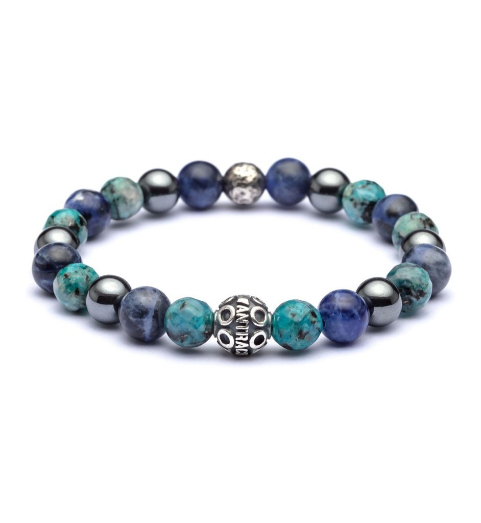 Bracciale Saturno Antracite con pietre naturali di Sodalite blu, Ematite lucida e Labradorite azzurra cangiante.