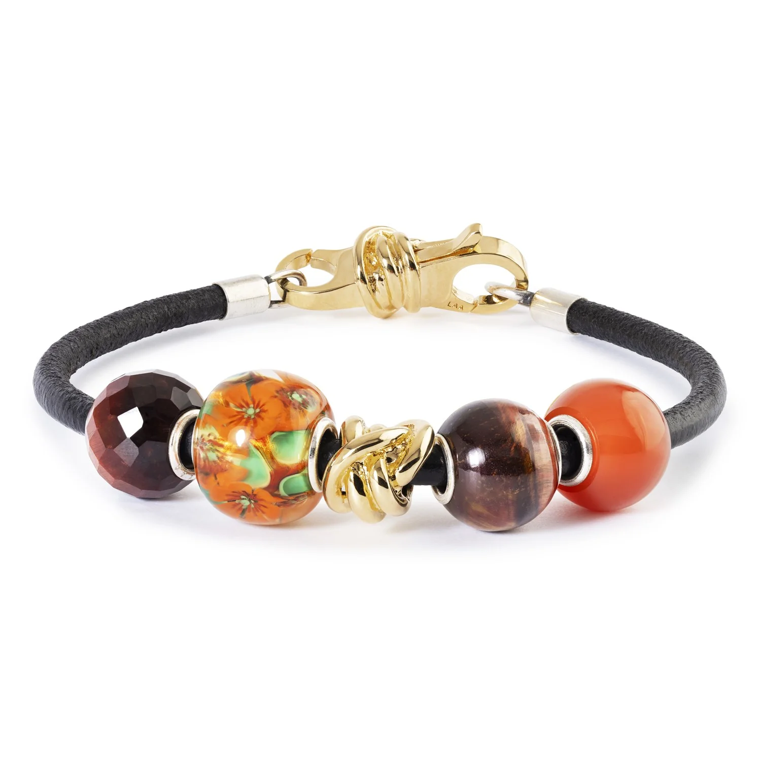 Bead in vetro Anima dei fiori Trollbeads TGLBE-30196 con decorazioni floreali interne arancioni e verdi e inserto centrale in argento 925.