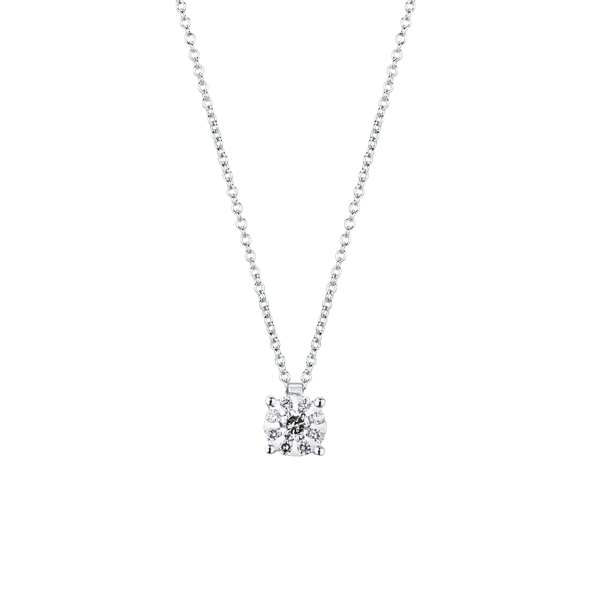 Girocollo magic punto luce Mirco Viscont in oro bianco con ciondolo punto luce modello Magic e diamanti naturali taglio brillante.