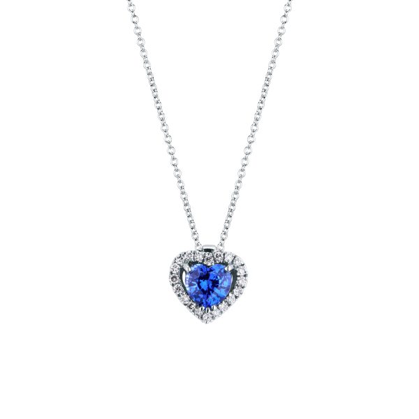 Girocollo cuore zaffiro e diamanti da donna Mirco Visconti in oro bianco con ciondolo a cuore in zaffiro blu Kanchanaburi e contorno di diamanti.
