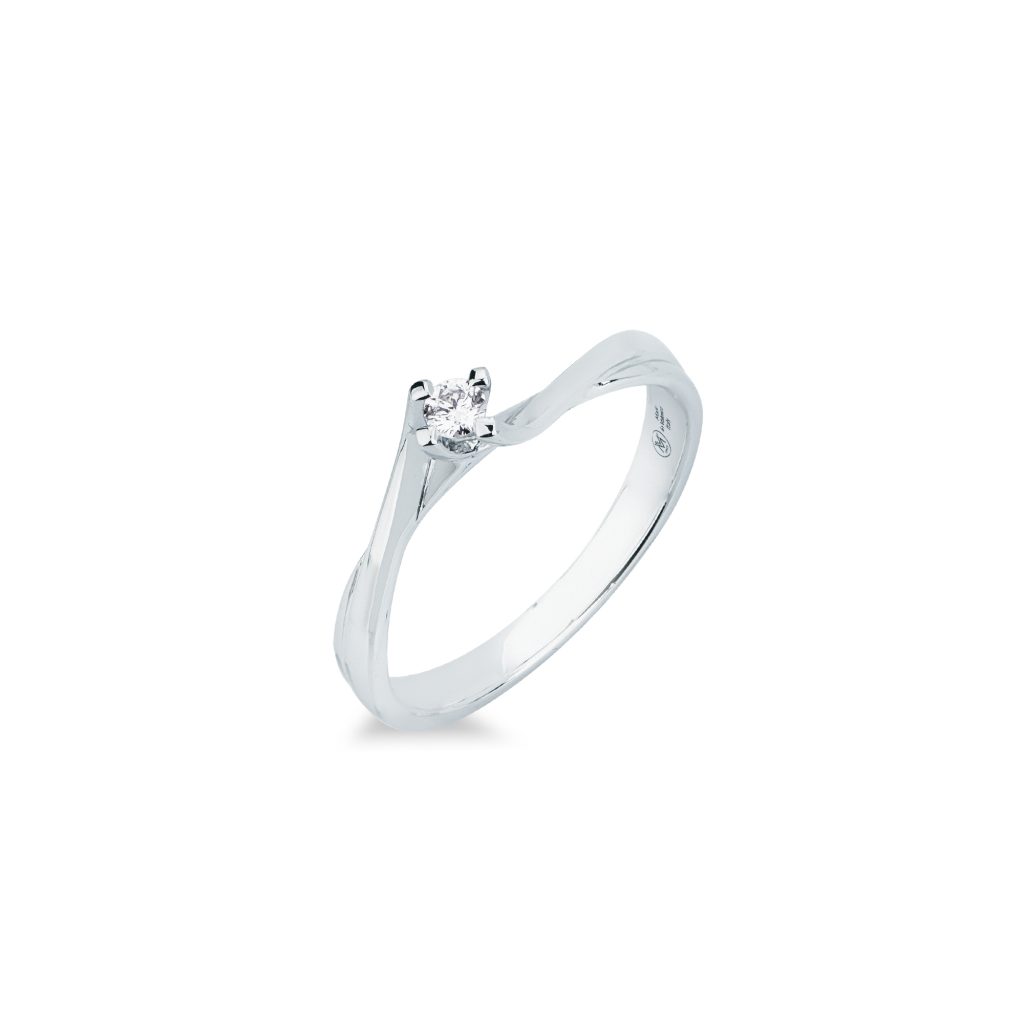 Anello solitario Valentino con diamante Mirco Visconti in oro bianco con gambo morbido e diamante centrale taglio brillante.