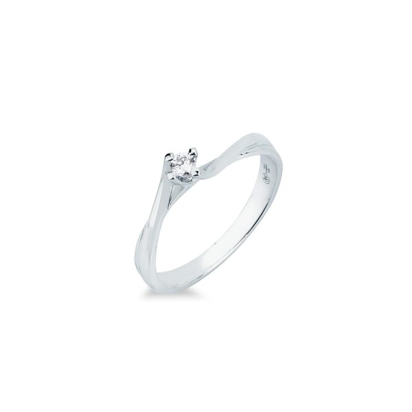 Anello solitario Valentino Mirco Visconti in oro bianco con gambo morbido e diamante centrale taglio brillante.