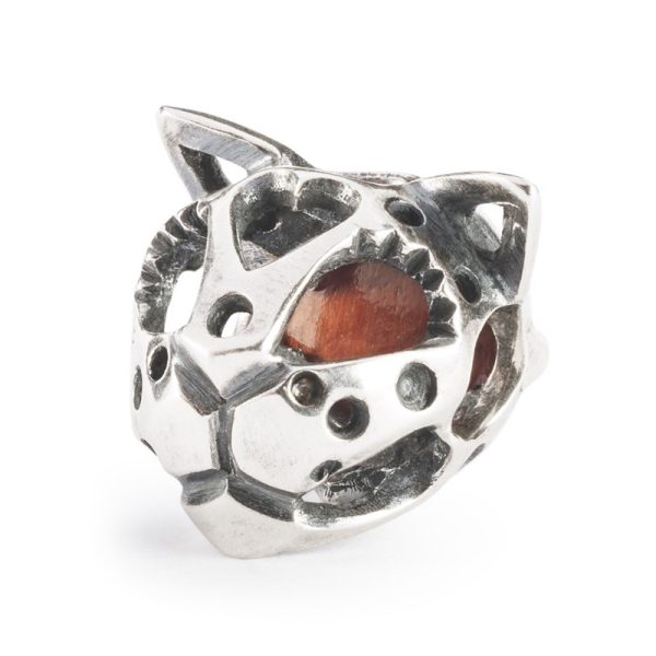 Bead Senza paura Trollbeads TAGBE-00305 in argento 925 a forma di felino con pietra occhio di tigre.