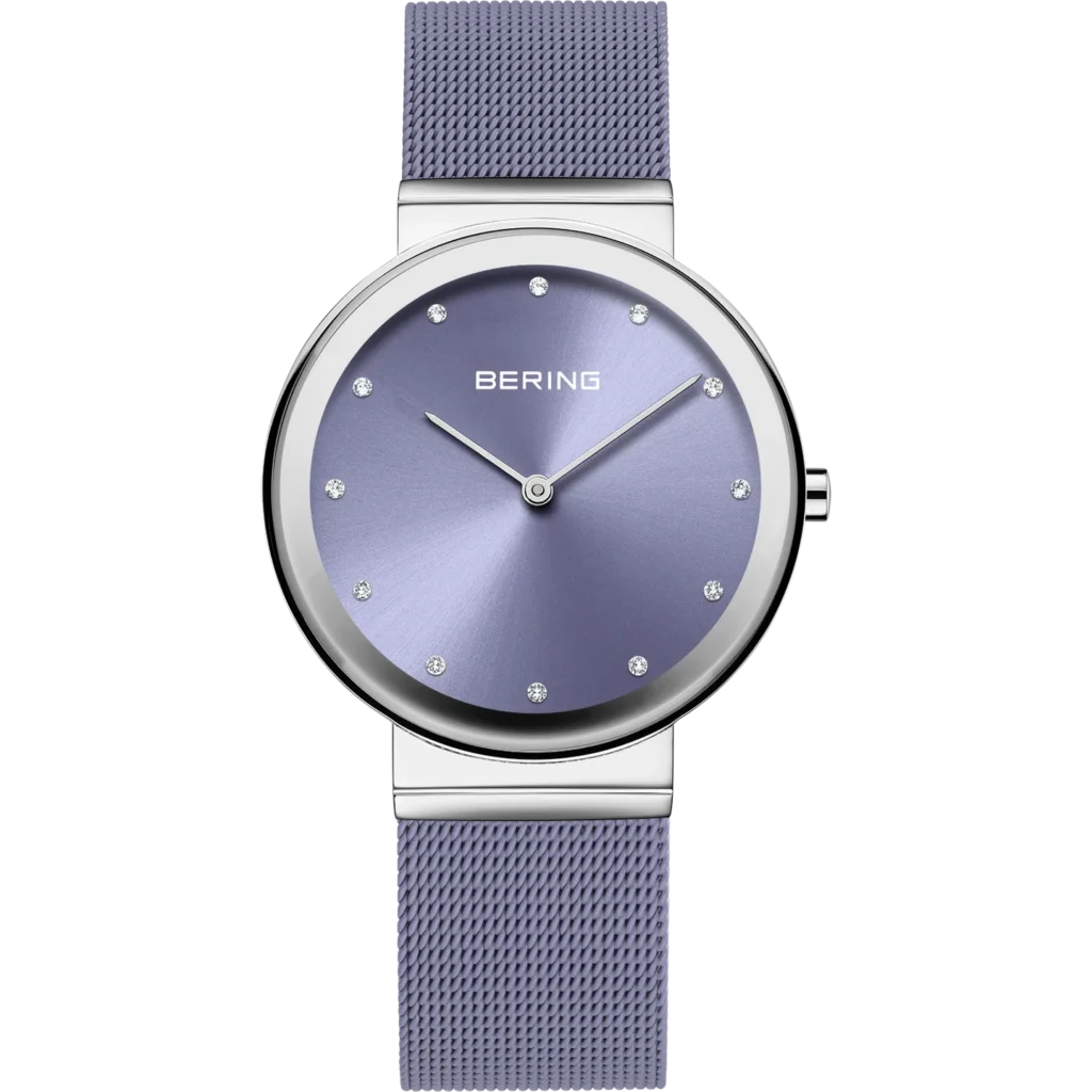 Orologio Bering 10135-908 da donna con quadrante e cinturino in maglia milanese color lavanda e cristalli come indici.