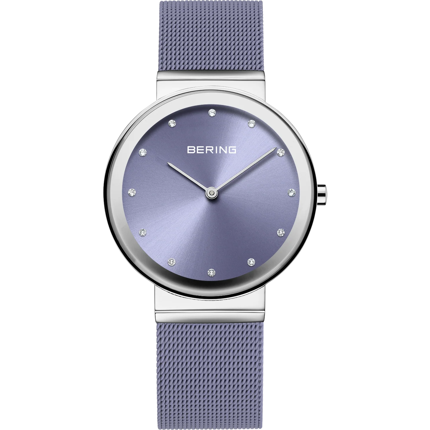 Orologio Bering 10135-908 da donna con quadrante e cinturino in maglia milanese color lavanda e cristalli come indici.