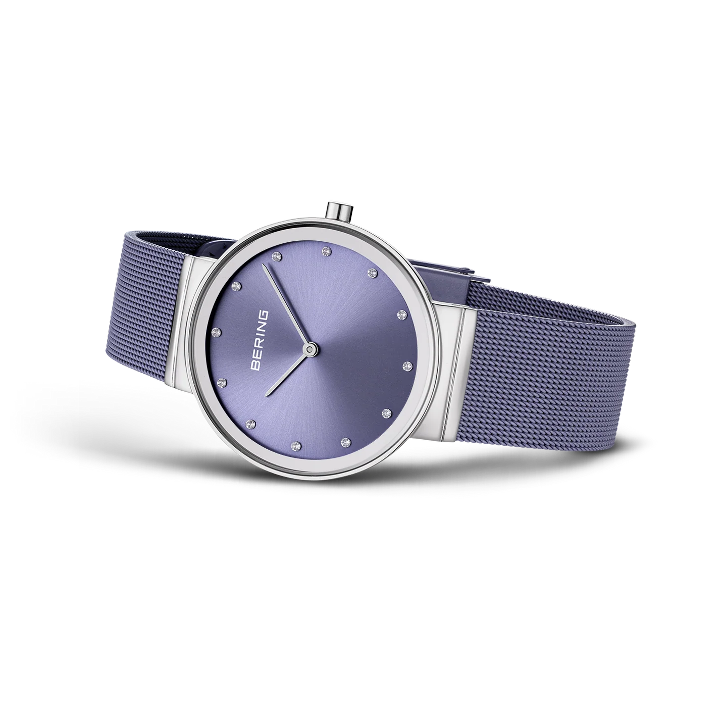 Orologio Bering 10135-908 da donna con quadrante e cinturino in maglia milanese color lavanda e cristalli come indici.