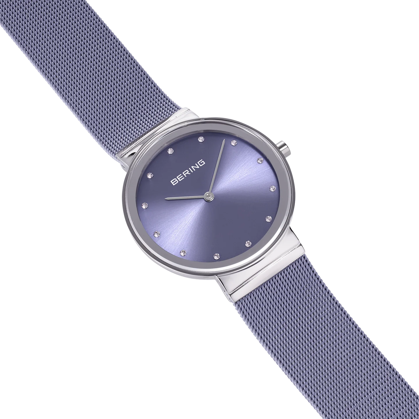 Orologio Bering 10135-908 da donna con quadrante e cinturino in maglia milanese color lavanda e cristalli come indici.