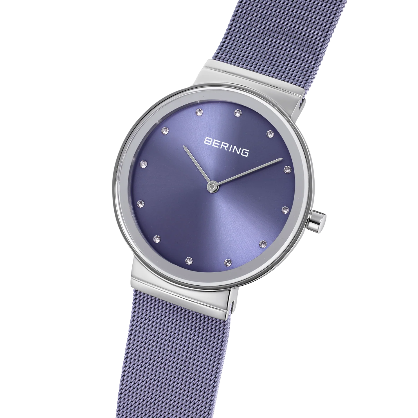 Orologio Bering 10135-908 da donna con quadrante e cinturino in maglia milanese color lavanda e cristalli come indici.