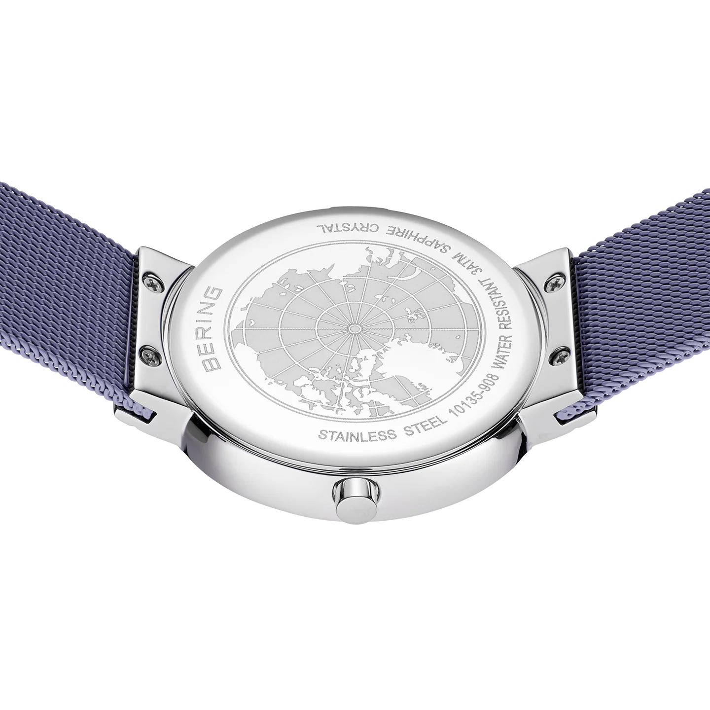 Orologio Bering 10135-908 da donna con quadrante e cinturino in maglia milanese color lavanda e cristalli come indici.