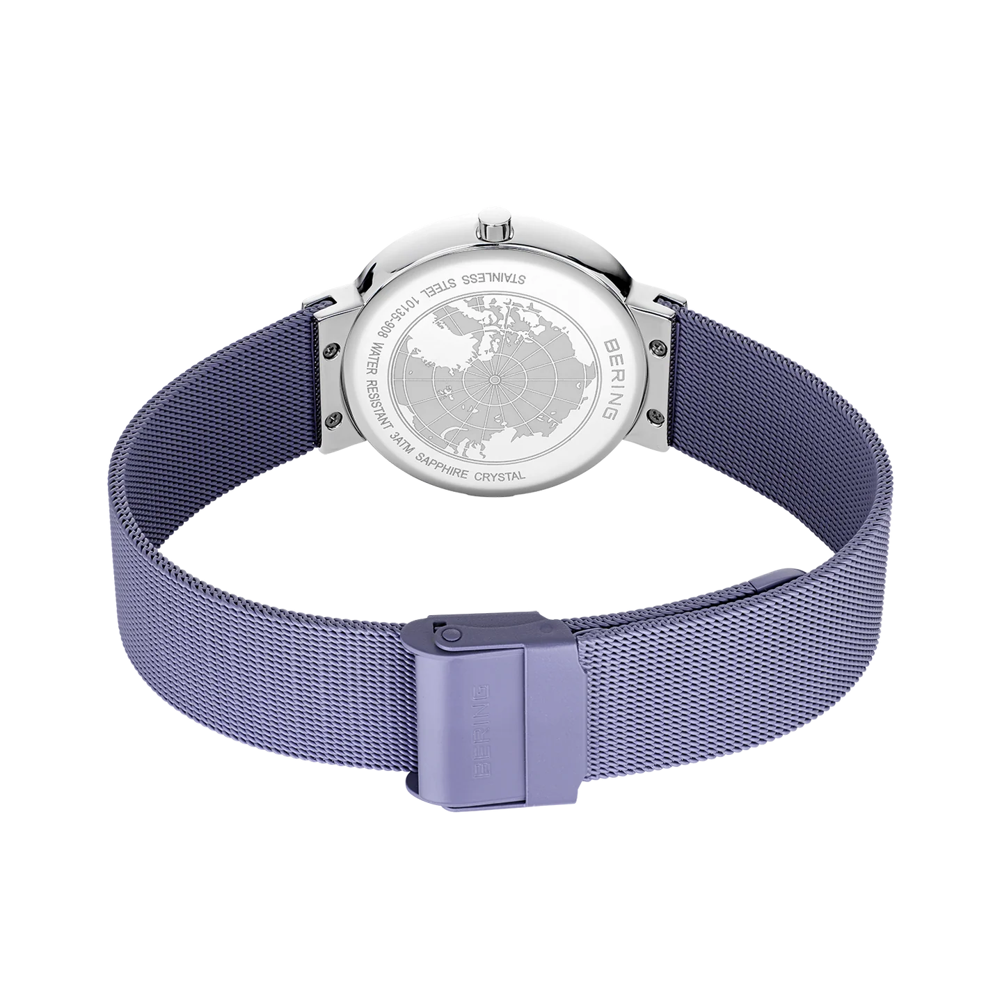 Orologio Bering 10135-908 da donna con quadrante e cinturino in maglia milanese color lavanda e cristalli come indici.