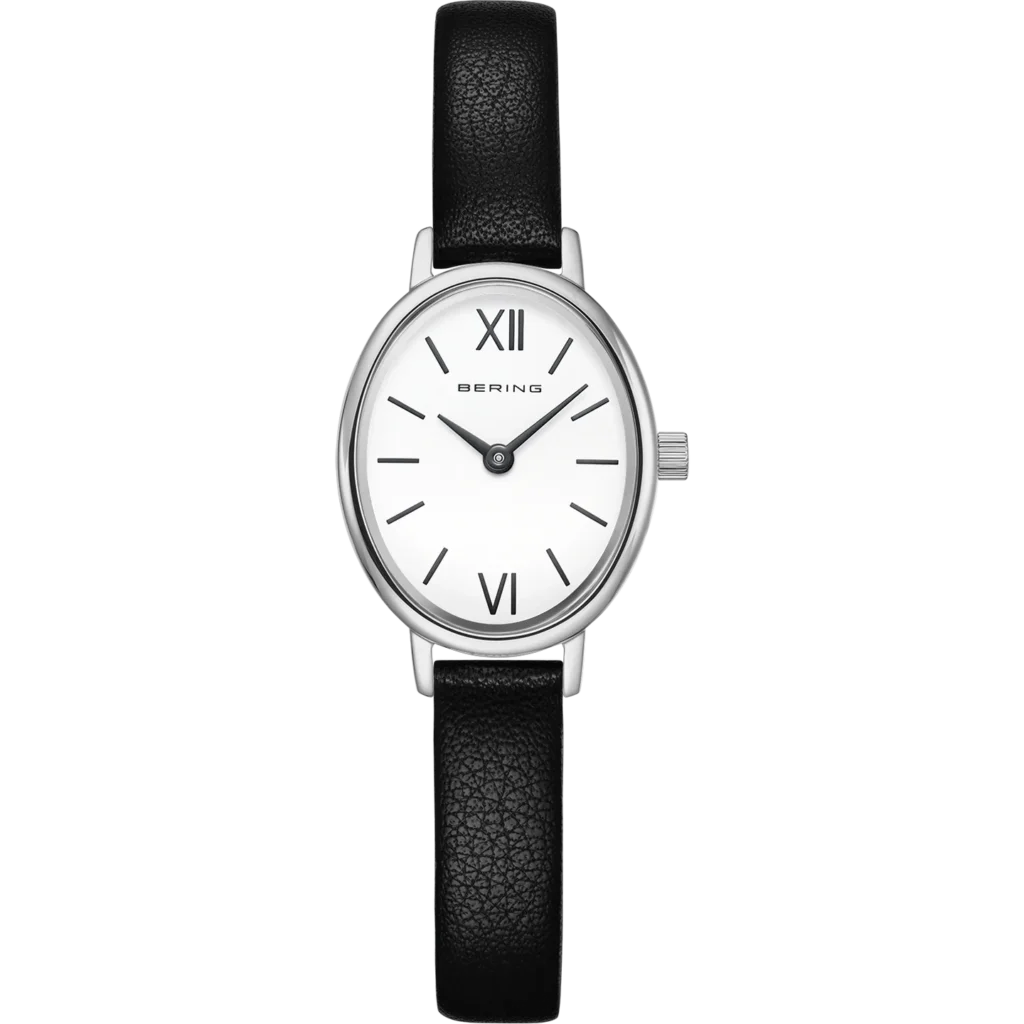 Orologio Bering 11020-402 da donna con cassa ovale in acciaio, quadrante bianco e cinturino in pelle nero