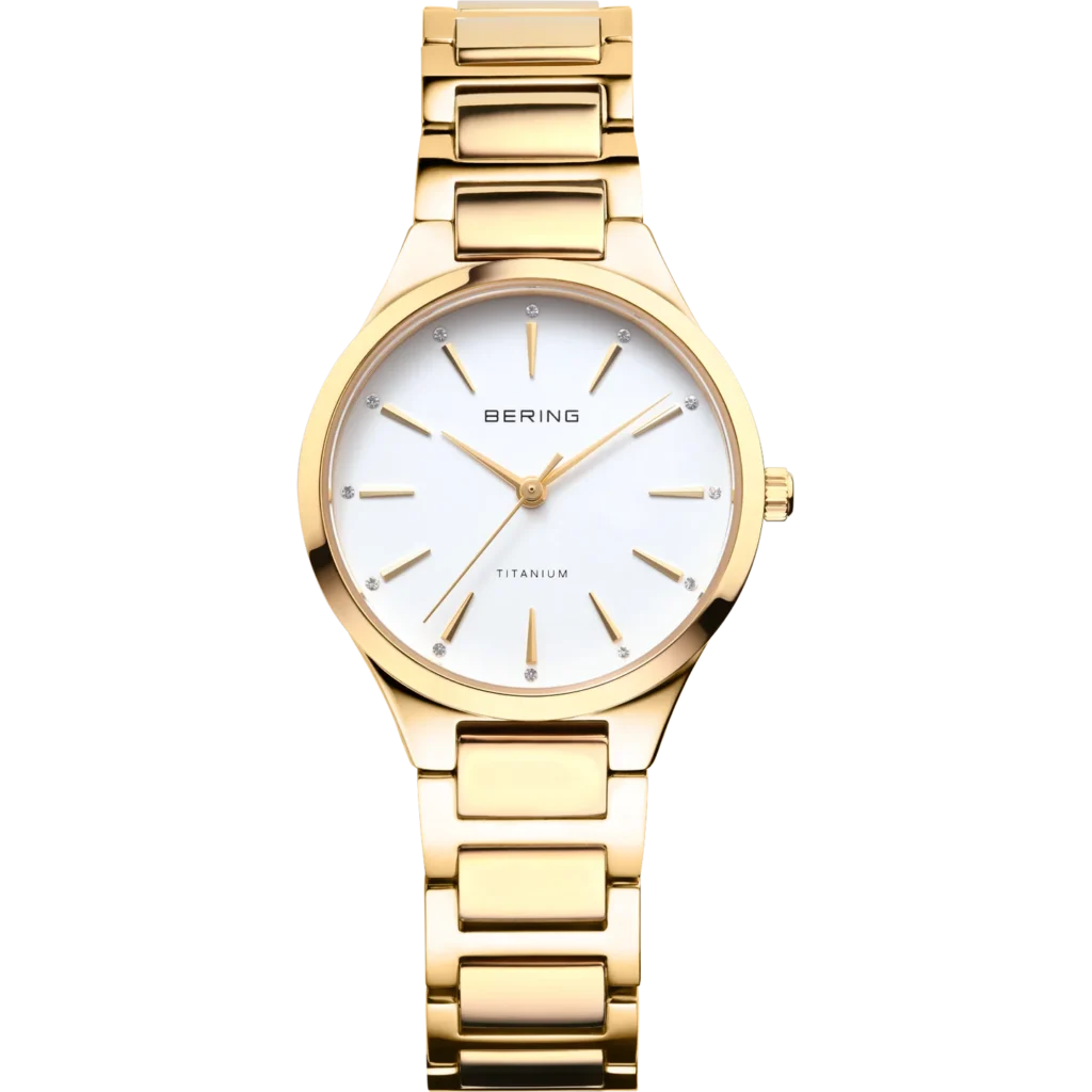 Orologio Bering 15630-734 Titanium da donna in titanio dorato con quadrante bianco e vetro zaffiro piatto.