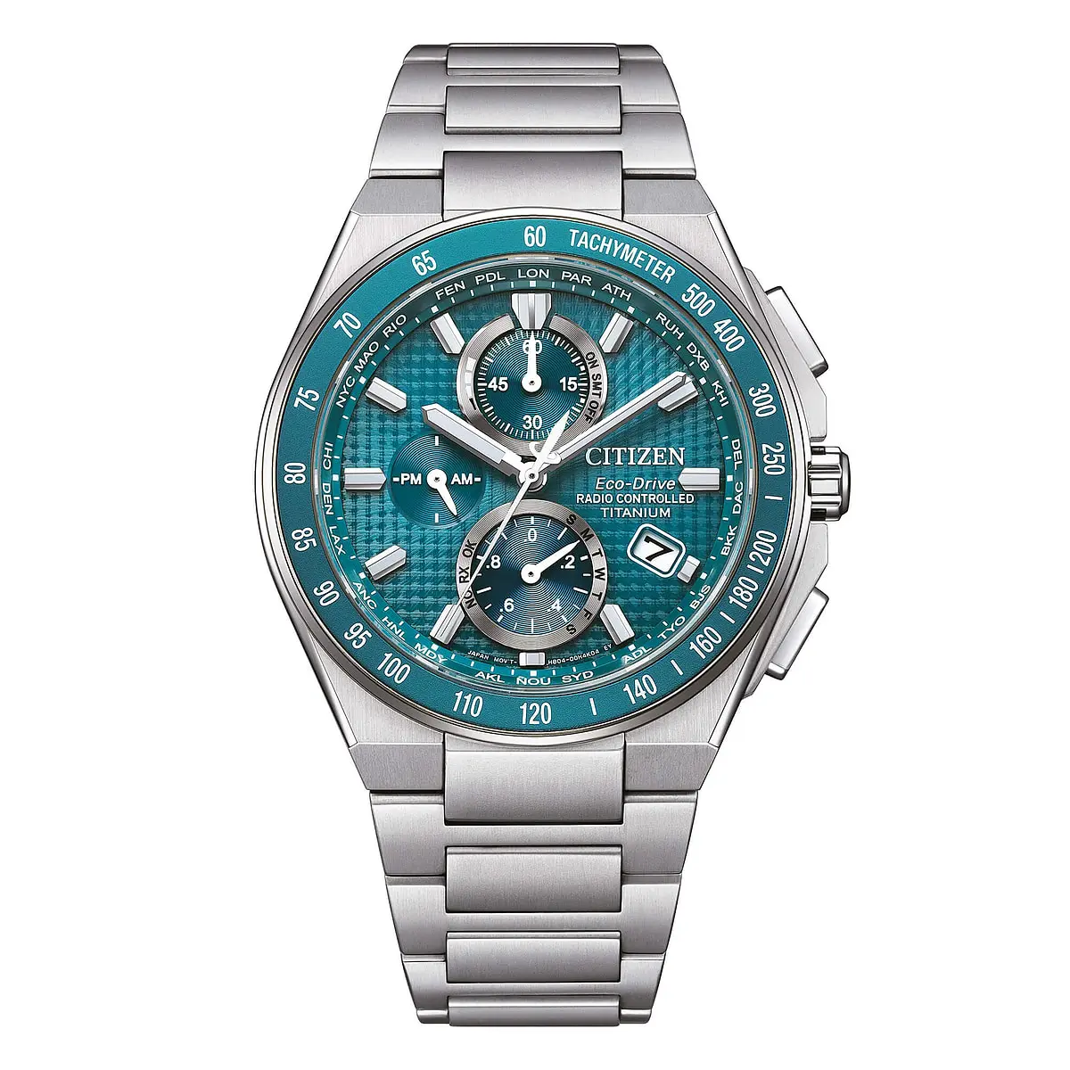 Orologio cronografo uomo Citizen AT8397-56Z Super Titanium radiocontrollato con quadrante verde acqua.