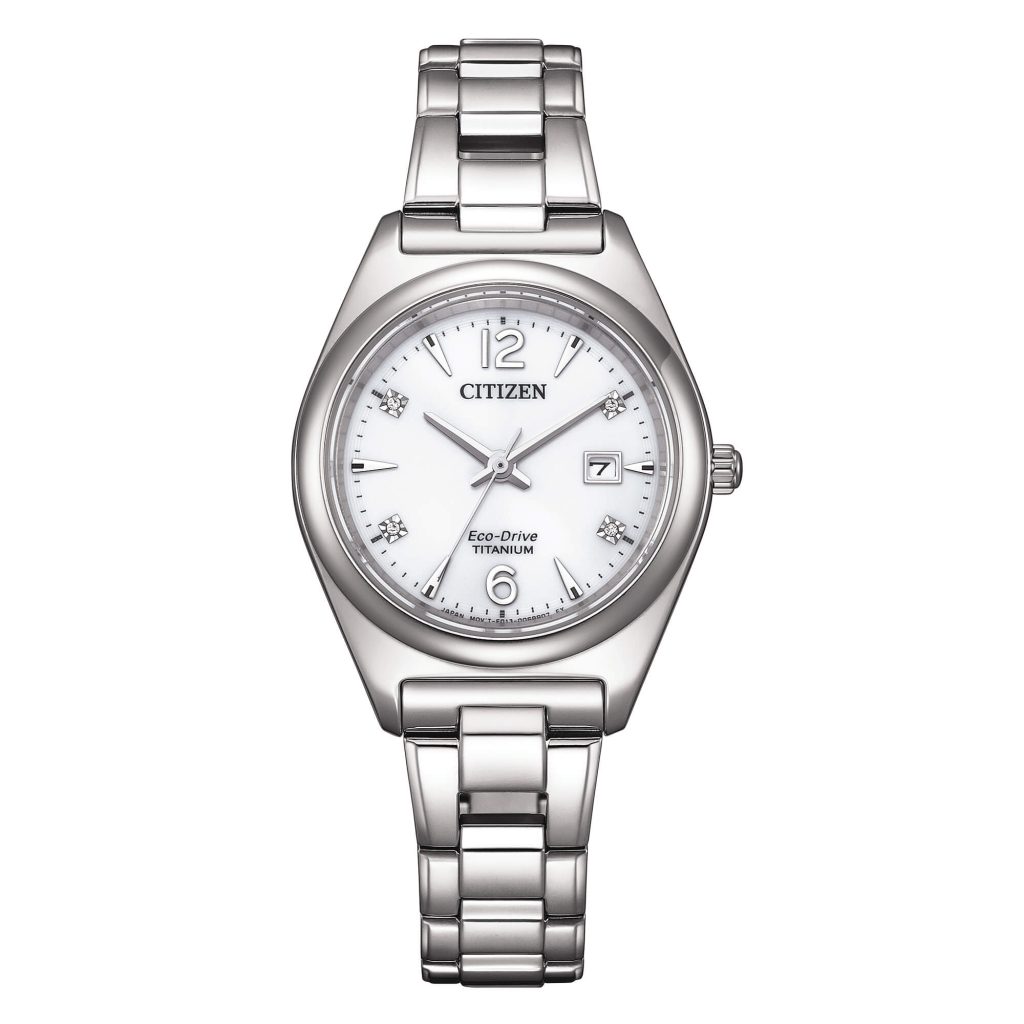 Orologio solo tempo donna Citizen EW2601-81A Super Titanium in titanio con quadrante bianco e 4 diamanti.