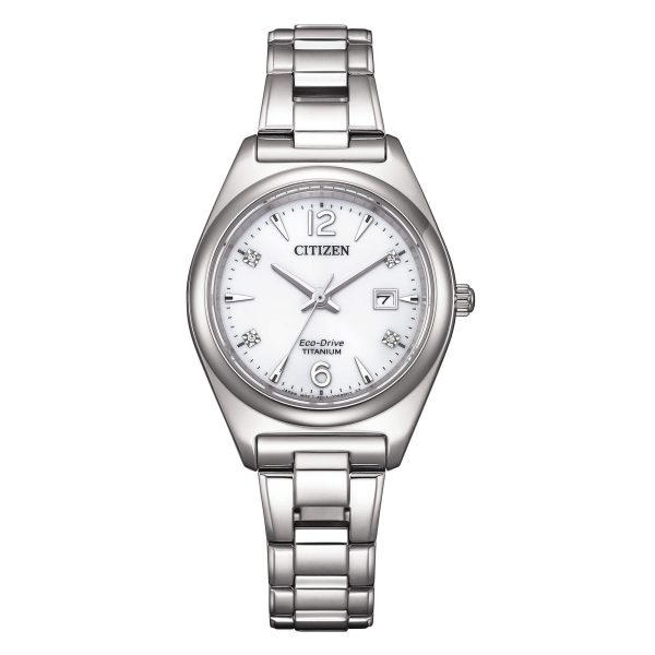 Orologio solo tempo donna Citizen EW2601-81A Super Titanium in titanio con quadrante bianco e 4 diamanti.