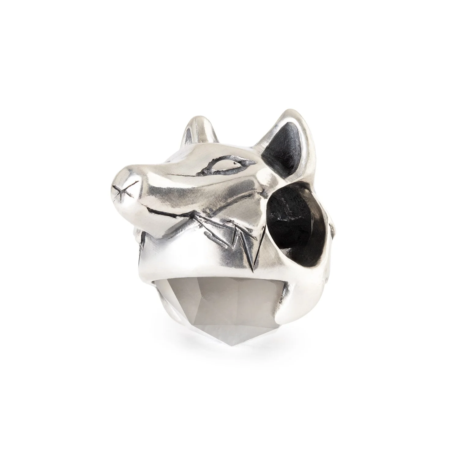 Bead Istinto Naturale Trollbeads TAGBE-00324 a forma di lupo con pietra lunare grigia.