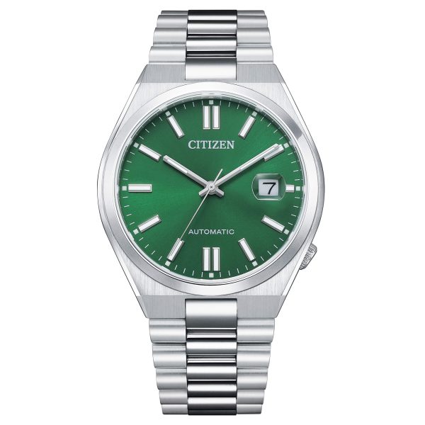 Orologio automatico uomo Citizen Tsuyosa NJ0150-81X in acciaio con quadrante verde e bracciale integrato.