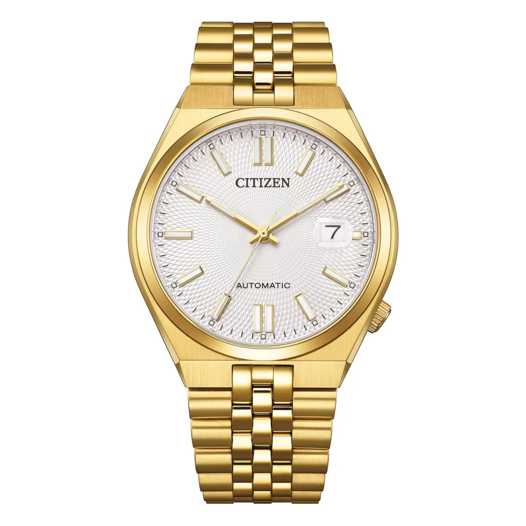 Orologio automatico uomo Citizen Tsuyosa NK0022-50A in acciaio dorato con quadrante argento guilloché.