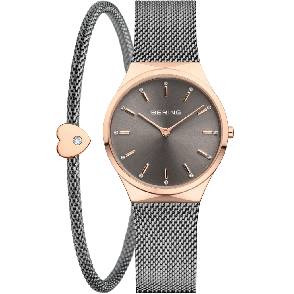 Set Bering 12131-369-GWP con orologio da donna in acciaio placcato oro rosa, quadrante grigio, maglia milanese grigia e bracciale coordinato con cuore.