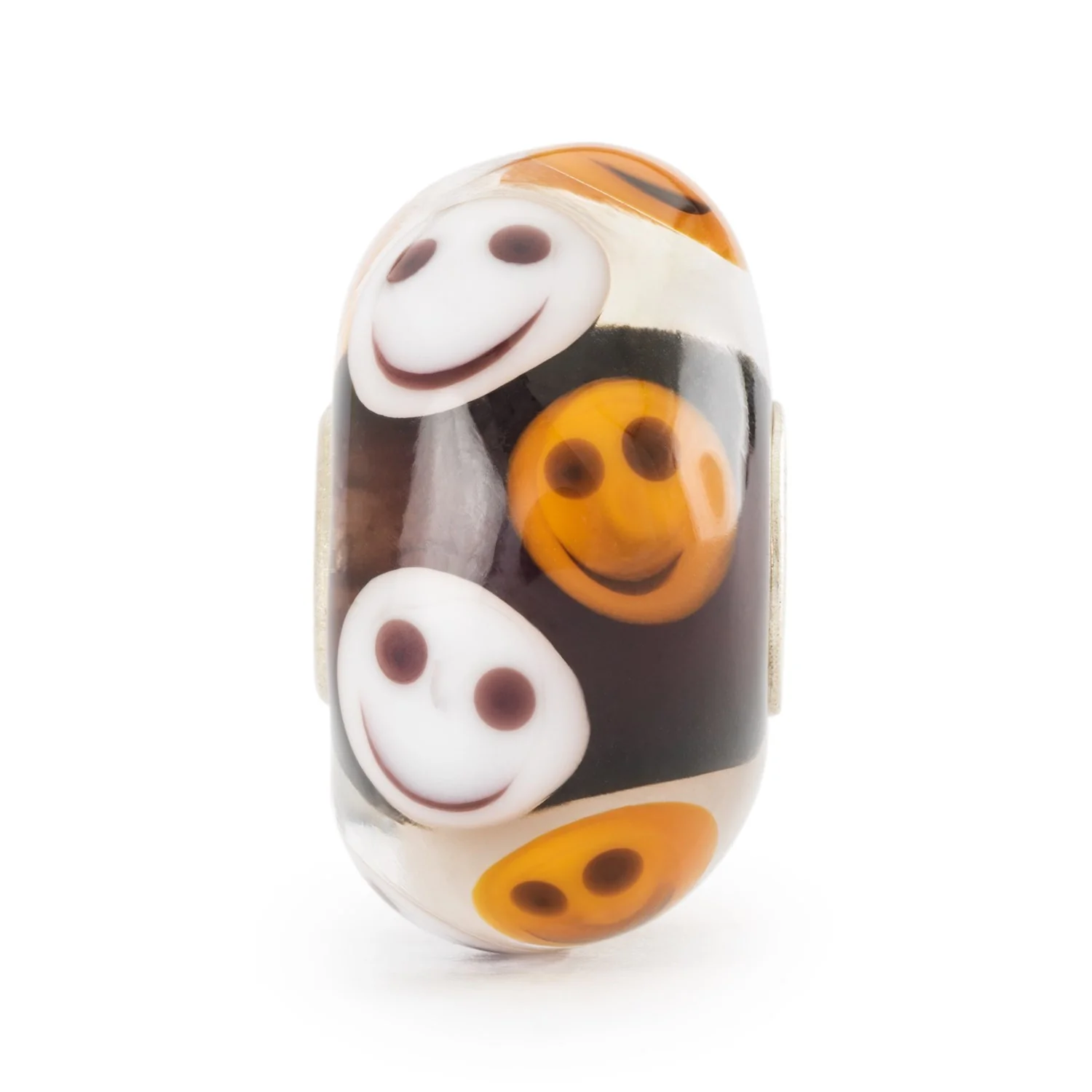 Bead Family Smiles Trollbeads TGLBE-20430 in vetro di Murano trasparente con faccine sorridenti bianche e gialle e anima centrale in argento 925.