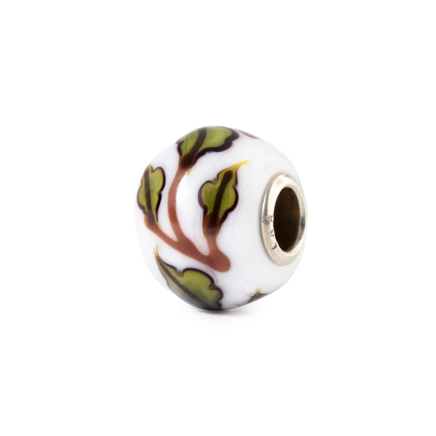 Bead Salvia Verde Trollbeads TGLBE-30213 in vetro di Murano bianco con foglie di salvia verdi e anima centrale in argento 925.