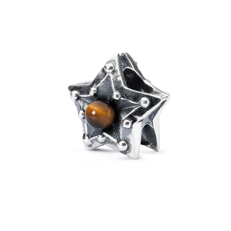 Bead Stella Dei Gemelli Trollbeads TAGBE-00217 in argento 925 a forma di stella con pietra occhio di tigre centrale e costellazione dei Gemelli.