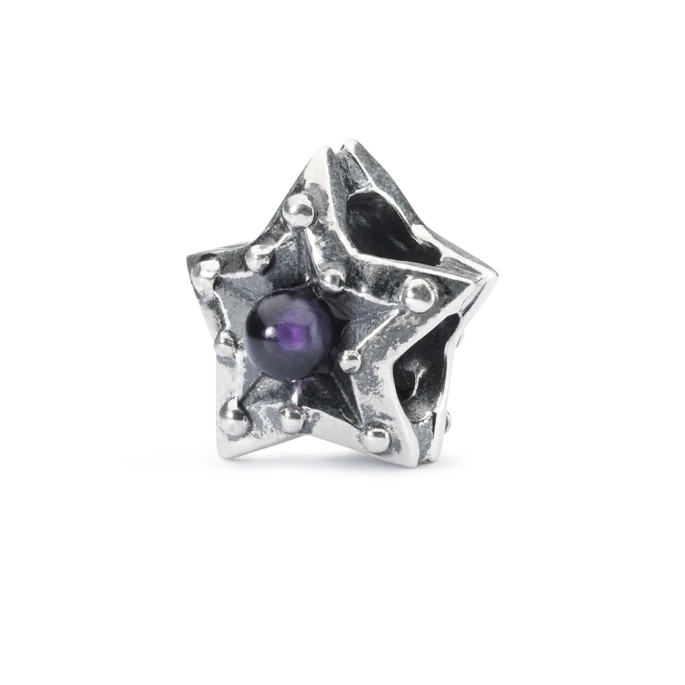 Bead Stella Della Bilancia Trollbeads TAGBE-00221 in argento 925 a forma di stella con pietra ametista viola centrale e costellazione della Bilancia.
