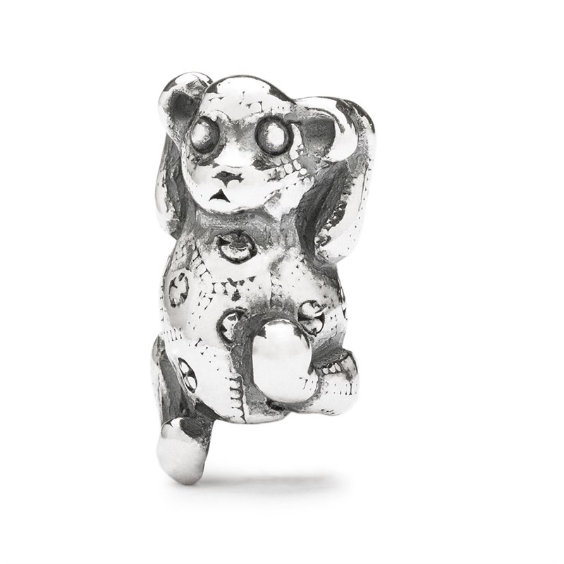 Bead Teddy Bear Trollbeads TAGBE-30034 in argento 925 raffigurante un tenero orsetto di peluche vintage con dettagli di cuciture e finiture brunite.