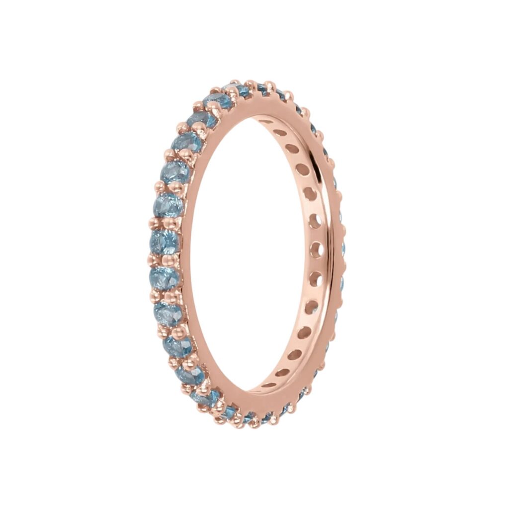 Anello fedina girodito con zirconi blu Bronzallure WSBZ01993.BLU in lega Golden Rosè con incassatura continua di zirconi blu luminosi