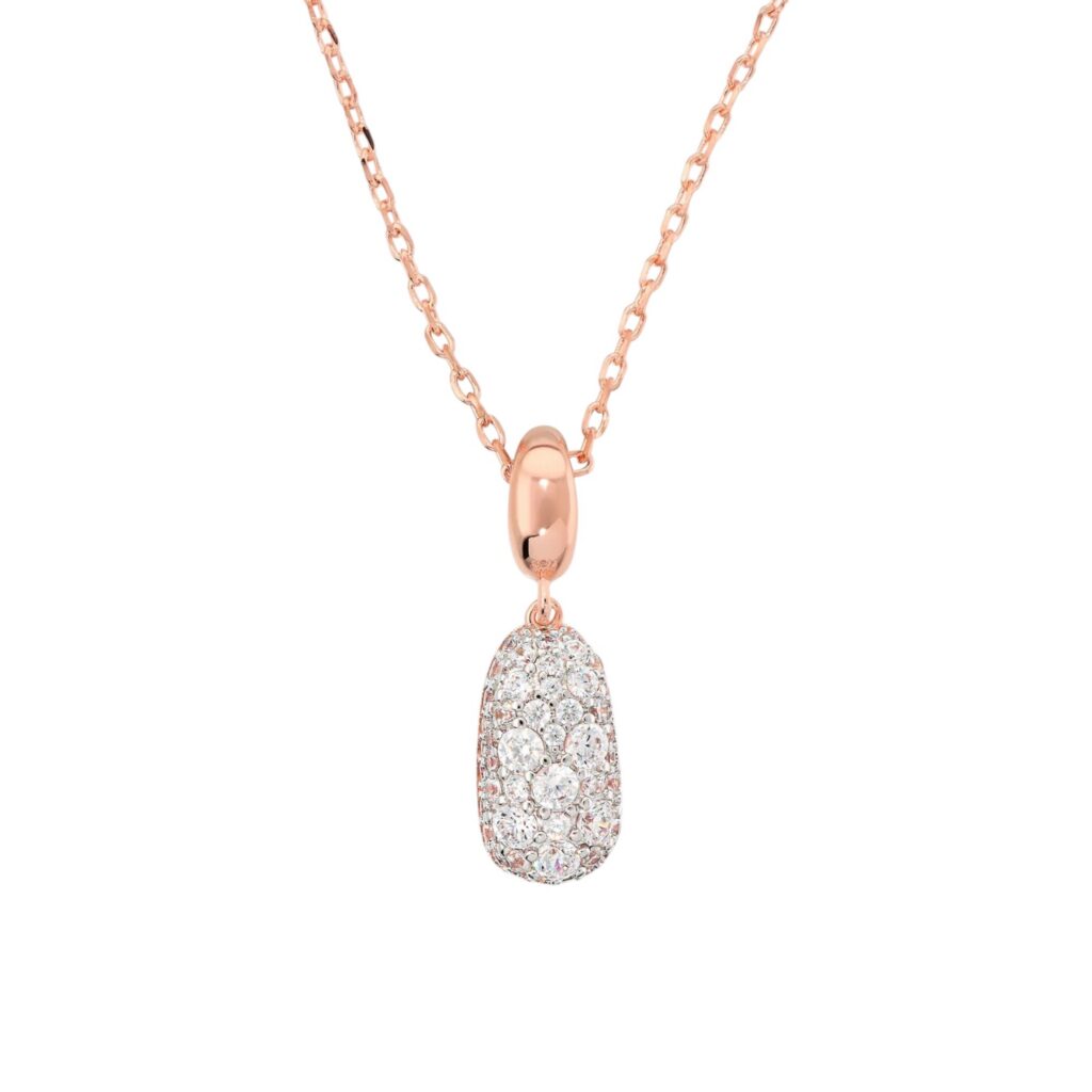 Collana a pepita con pavè di zirconi Bronzallure WSBZ02510.WR in lega Golden Rosè con ciondolo a pepita ricoperto di zirconi luminosi.