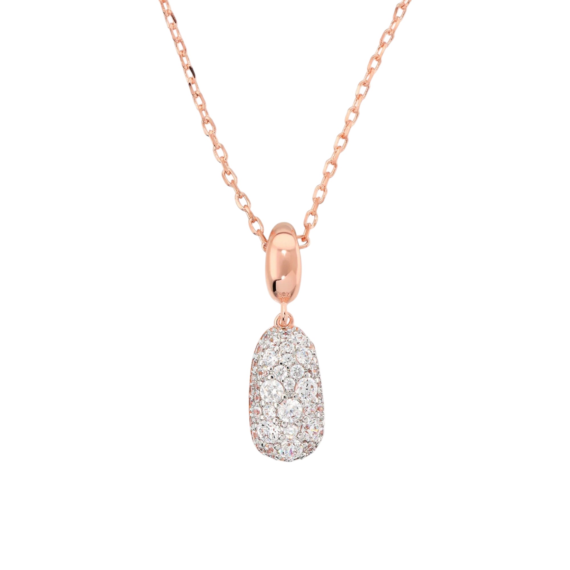Collana a pepita con pavè di zirconi Bronzallure WSBZ02510.WR in lega Golden Rosè con ciondolo a pepita ricoperto di zirconi luminosi.