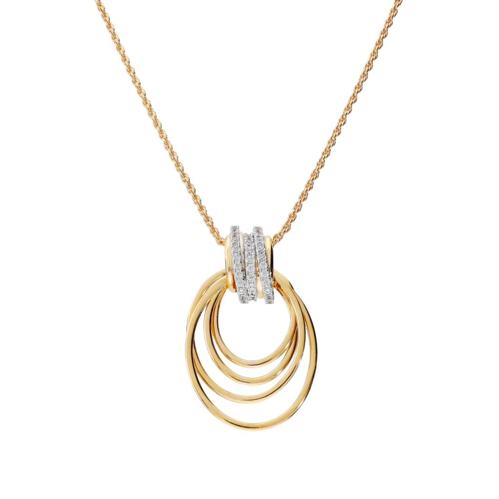 Collana lunga con ciondolo degradè Bronzallure WSBZ02743Y.WR in lega Golden Rosè placcata oro giallo 18kt con pendente ad anelli degradè e zirconi luminosi.