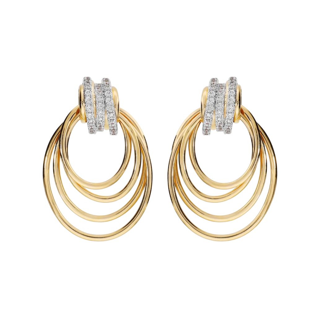 Orecchini pendenti degradè Bronzallure WSBZ02744Y.WR in lega Golden Rosè placcati oro giallo 18kt con anelli concentrici e perno tempestato di zirconi bianchi.